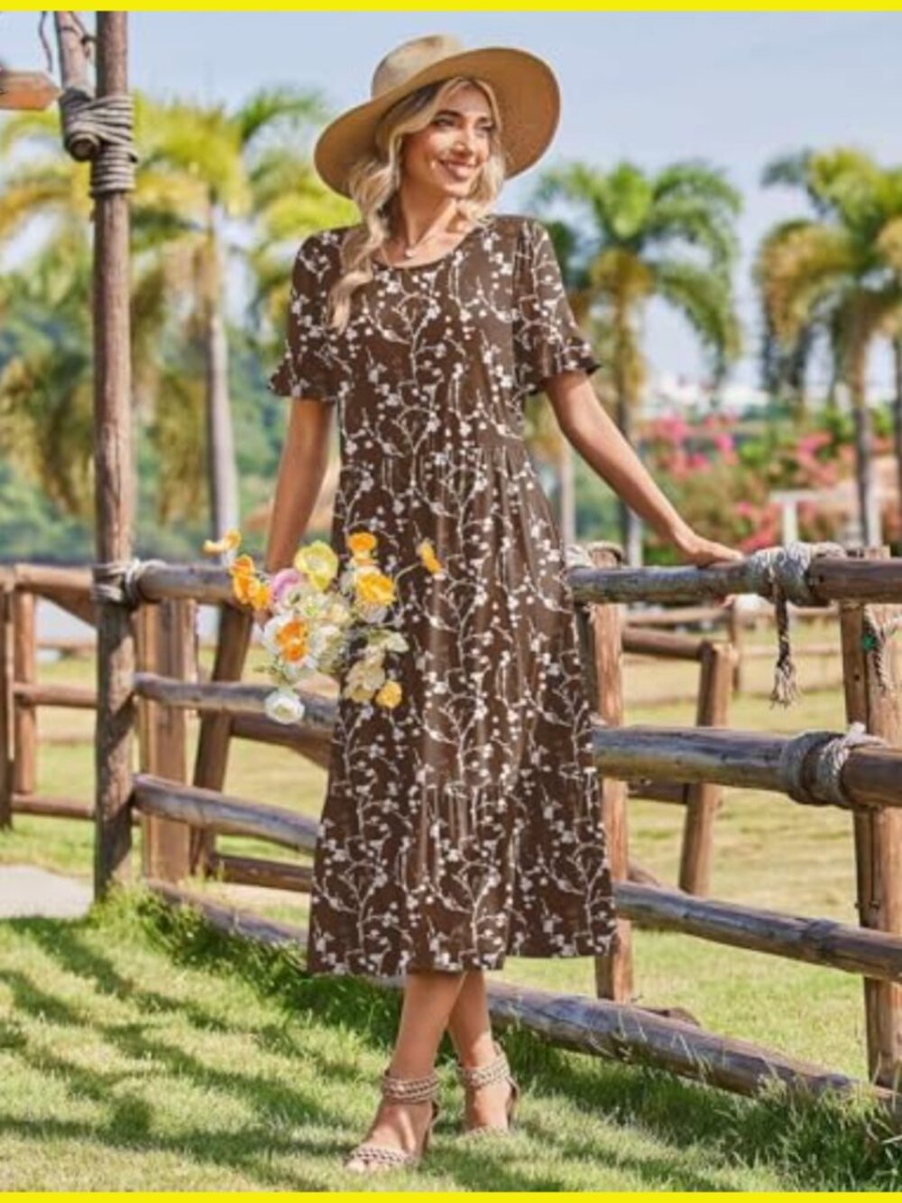Flowy Midi Sundress Boho Tiered Ruffle Sleeve Casual Summer A-Line Dress - Picture 4 of 7